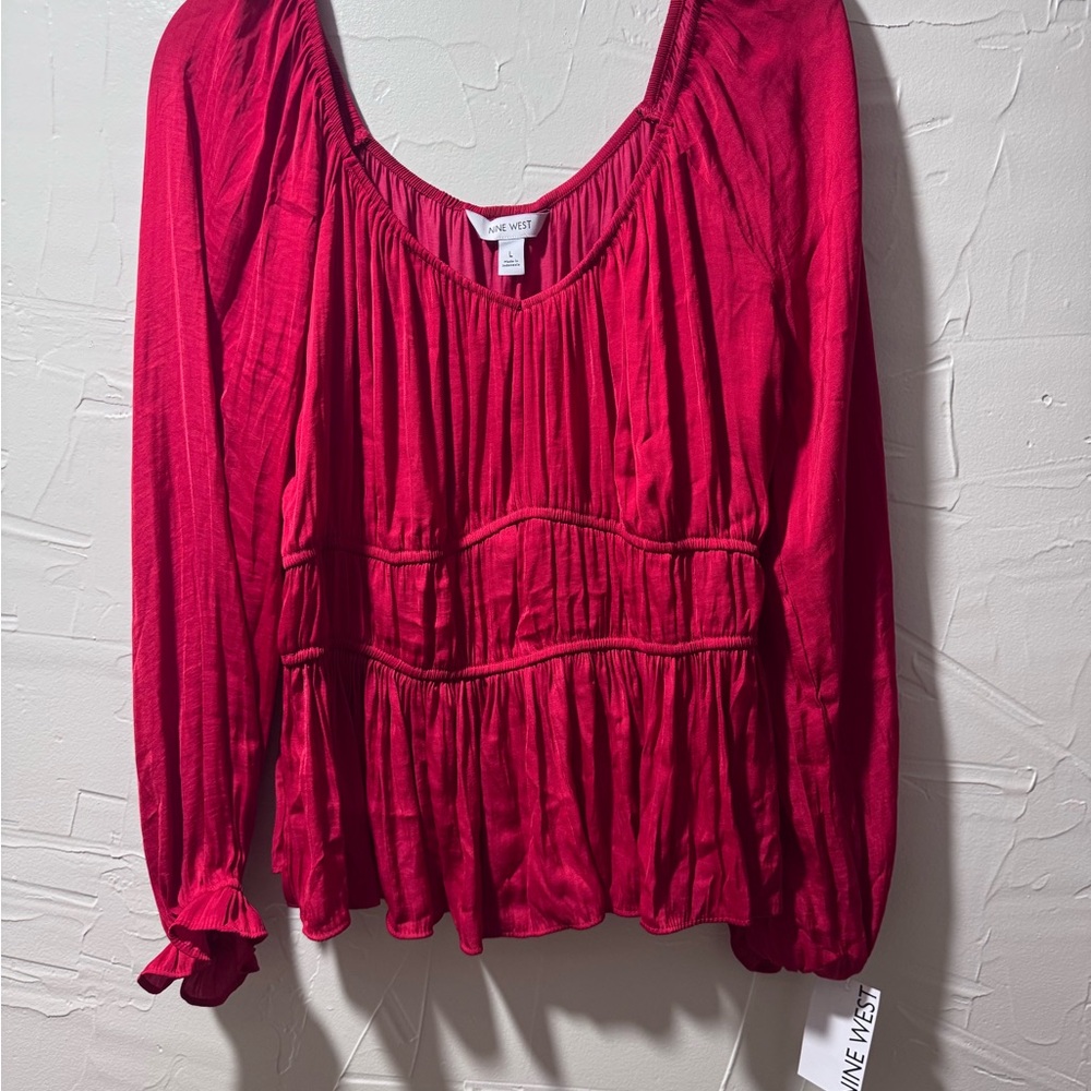 Nine West Pink Relaxed Smocked Long Sleeve Blouse